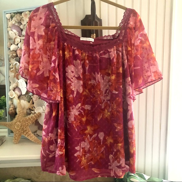 NWT Sheer Fuchsia Pink with Orange Floral Retrology Top, lined Sz XLarge - Picture 6 of 8